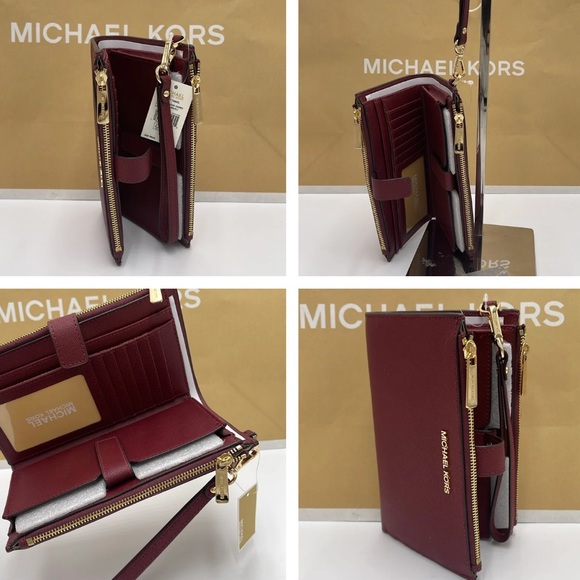 MICHAEL KORS LG DOUBLE ZIP WRISTLET MERLOT DARK CHERRY MULBERRY PHONE HO… - Picture 16 of 16